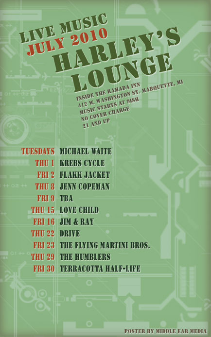 July 2010 Poster Design for Harley's Lounge